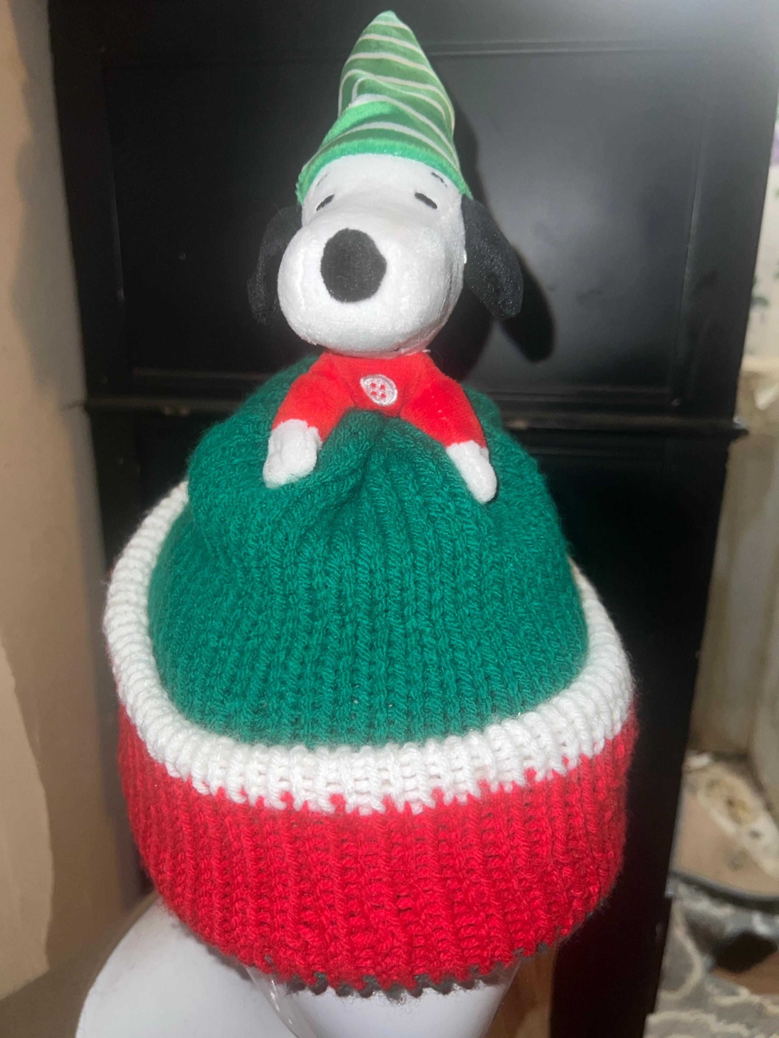 HANDMADE SNOOPY RED & GREEN SKI CAP WITH PLUSH ON TOP