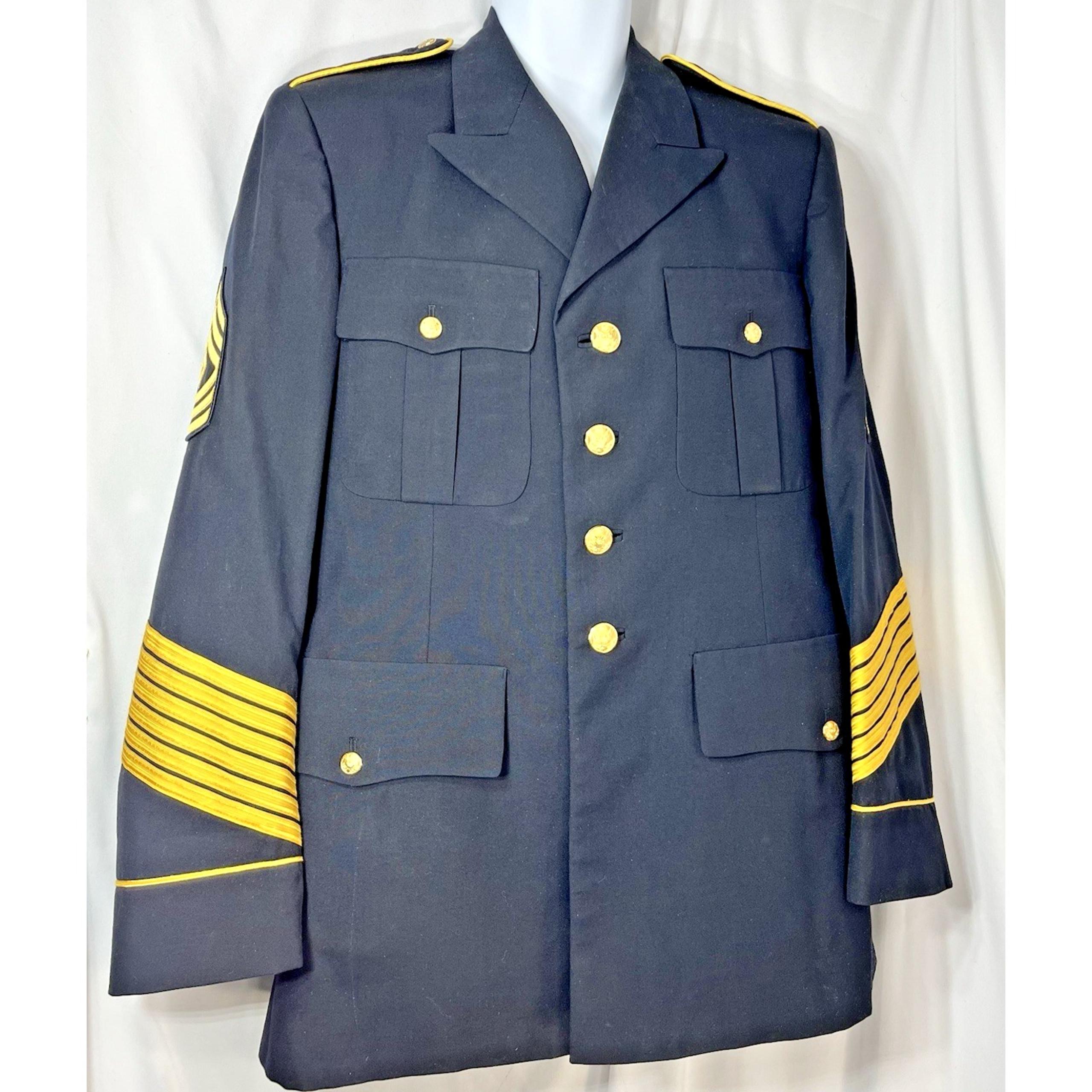 1980s Army Jacket Mens 43L Black Wool Blazer Military Uniform Patches Vintage