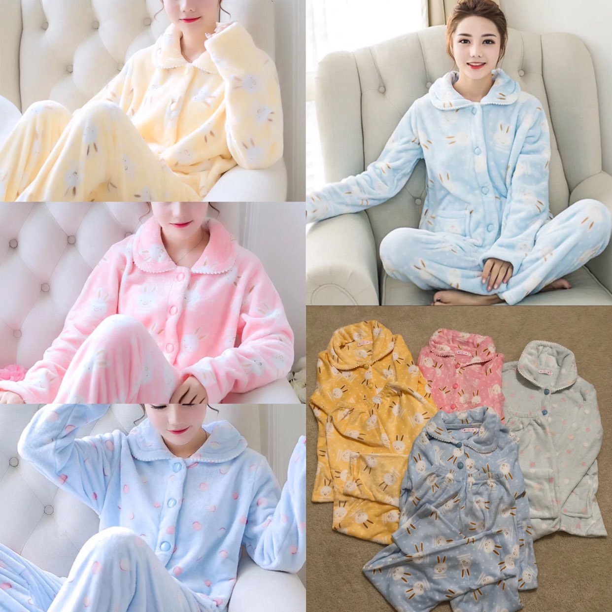 4 Sets Women Winter Fleece Flannel Long Sleeve Cartoon Pajama Sleepwear