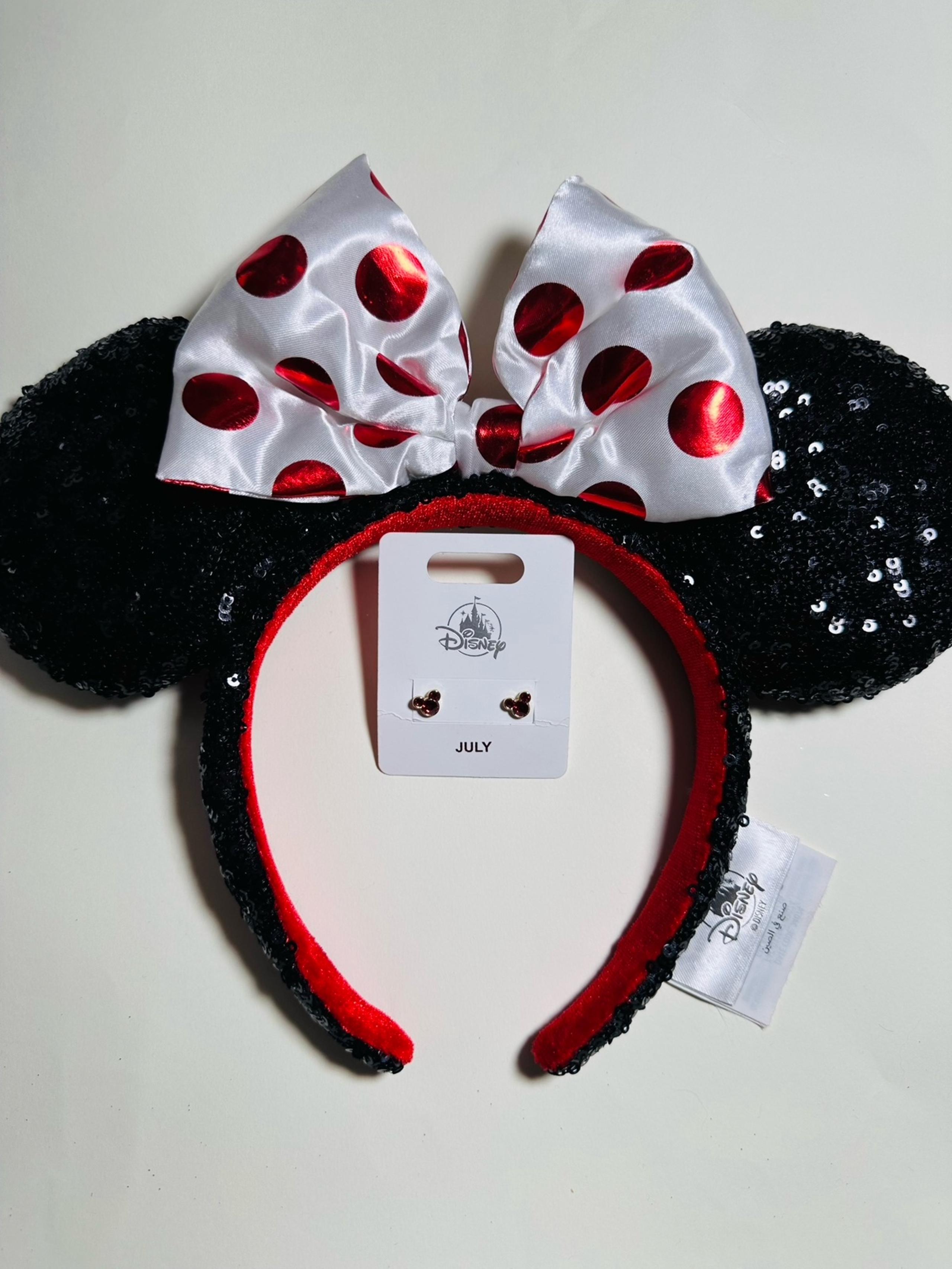 Disney Parks Minnie Mouse Sequin Red/White Bow Polka Dot Ears Headband +EARRINGS