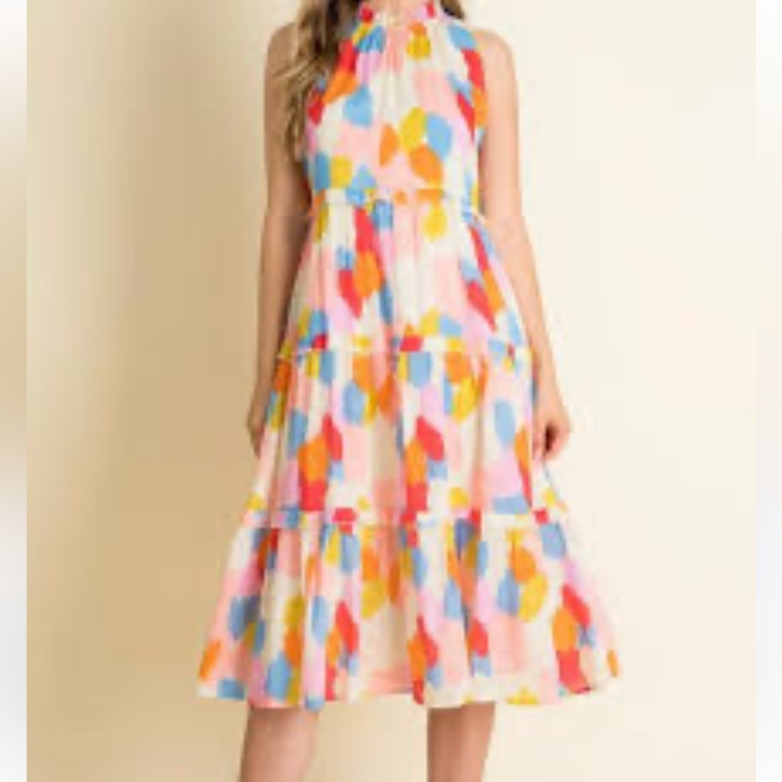 THML Tiered Midi Dress Halter Pastel Sleeveless Summer Brunch Shower Feminine