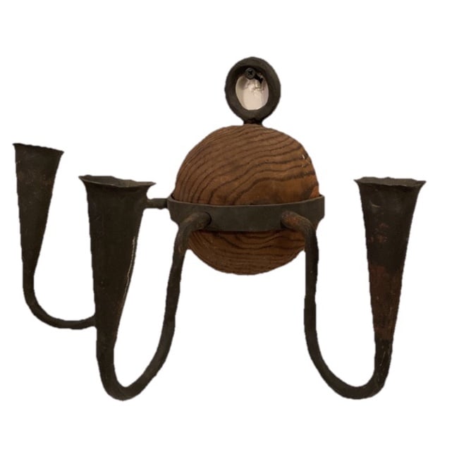 Wrought Iron Forged 3-Arm Rustic Wall Scone Candelabra Drift Wood Accent Ball