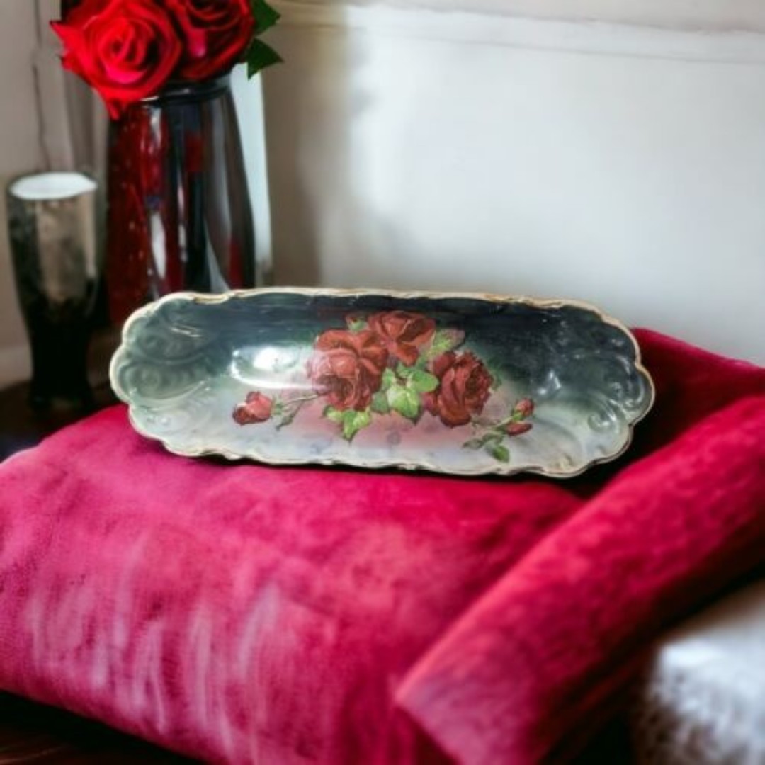 Antique Wheeling Pottery La Belle China Rose Pattern Green 13.5 Celery Tray