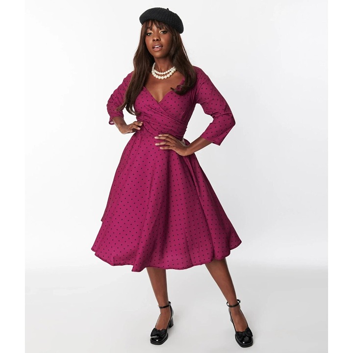 Unique Vintage Plum & Black Polka Dot Genevieve Swing Dress Rockabilly Retro 1X