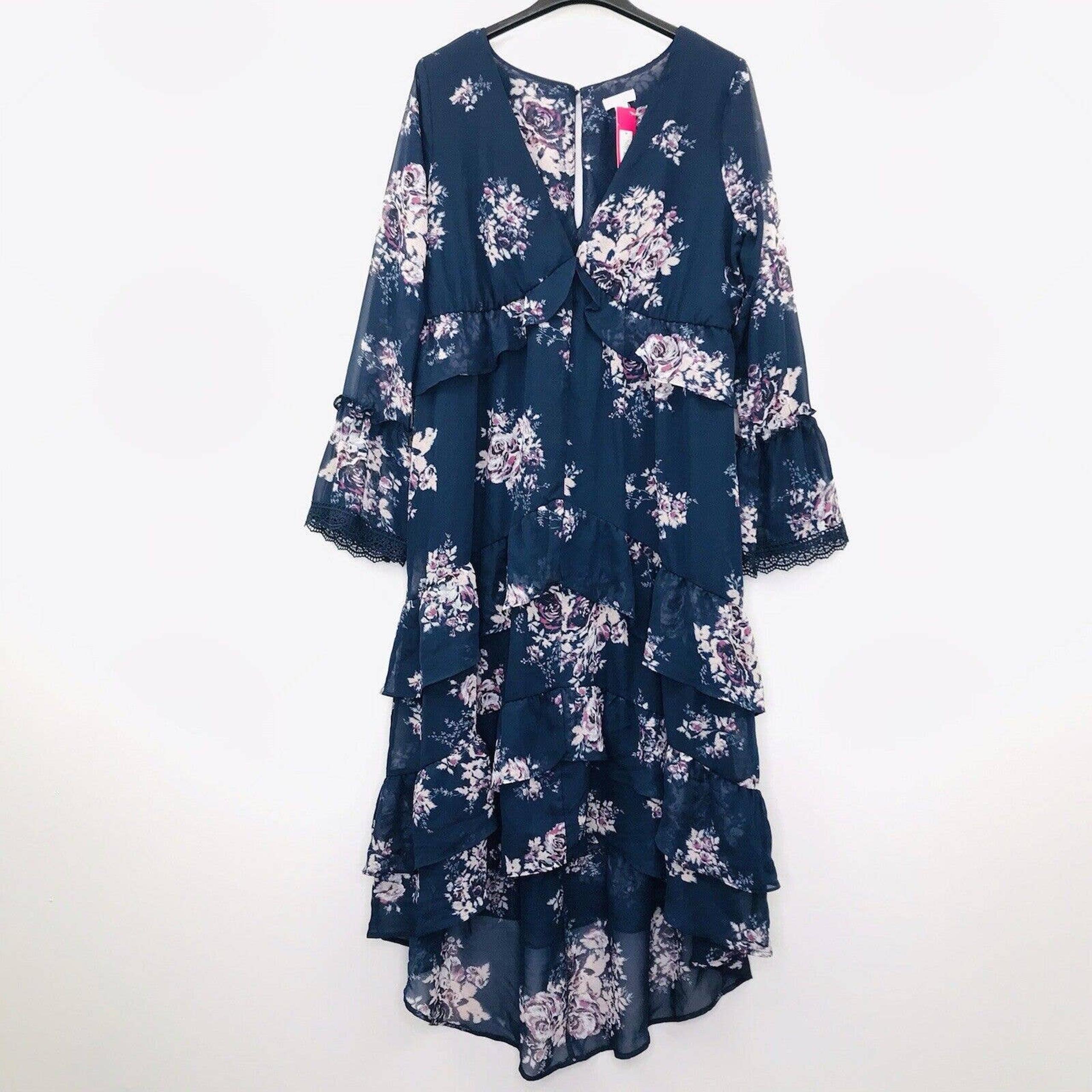 Xhilaration Women's M Dress V Neck Embroidered Sleeves Floral Navy Blue NWT N20
