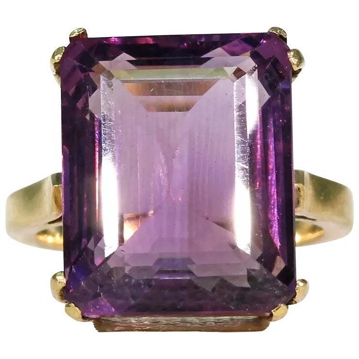14.40Ct Natural Emerald Cut Purple Amethyst Solitaire Ring 14k Yellow Gold