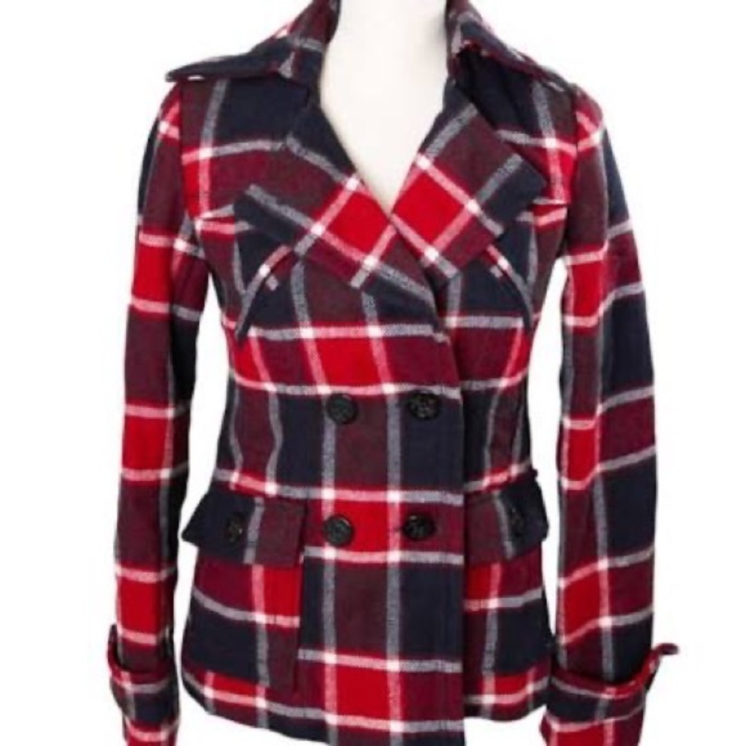 AMERICAN EAGLE red black white plaid double breasted peacoat jacket size large