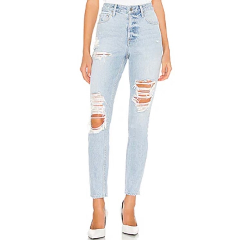 GRLFRND Button Fly Skinny Leg High Rise Distressed Karolina in Live On Size 27