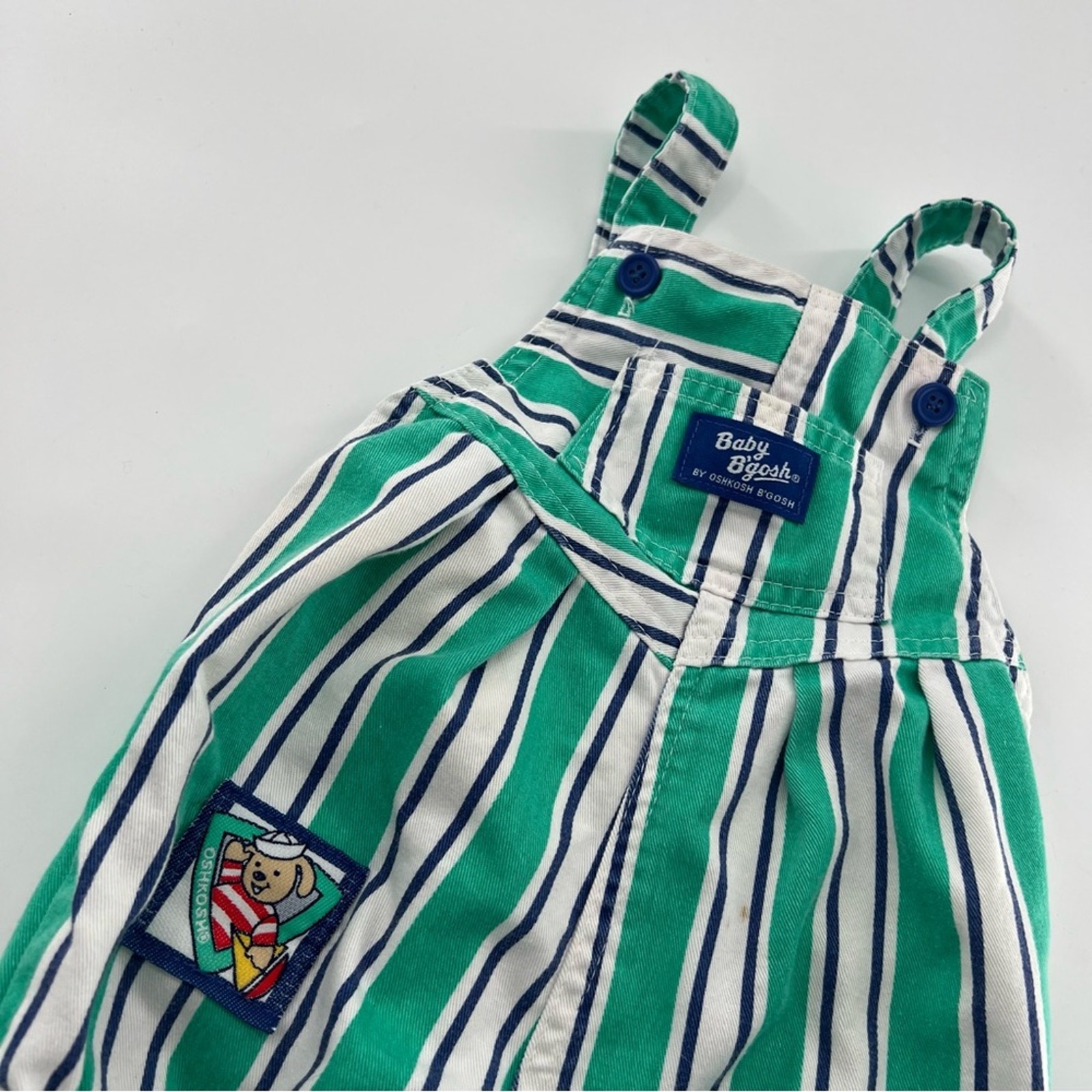 Vintage Oshkosh B’Gosh Bubble Overalls Blue and Green Striped Made in USA Sailor