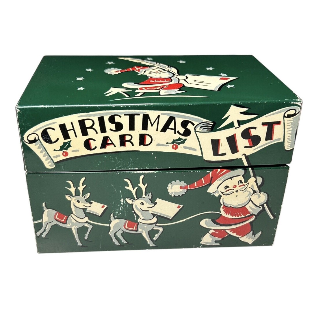 Vintage Santa Christmas Card List Recipe File Box Tin Litho Metal 1950s