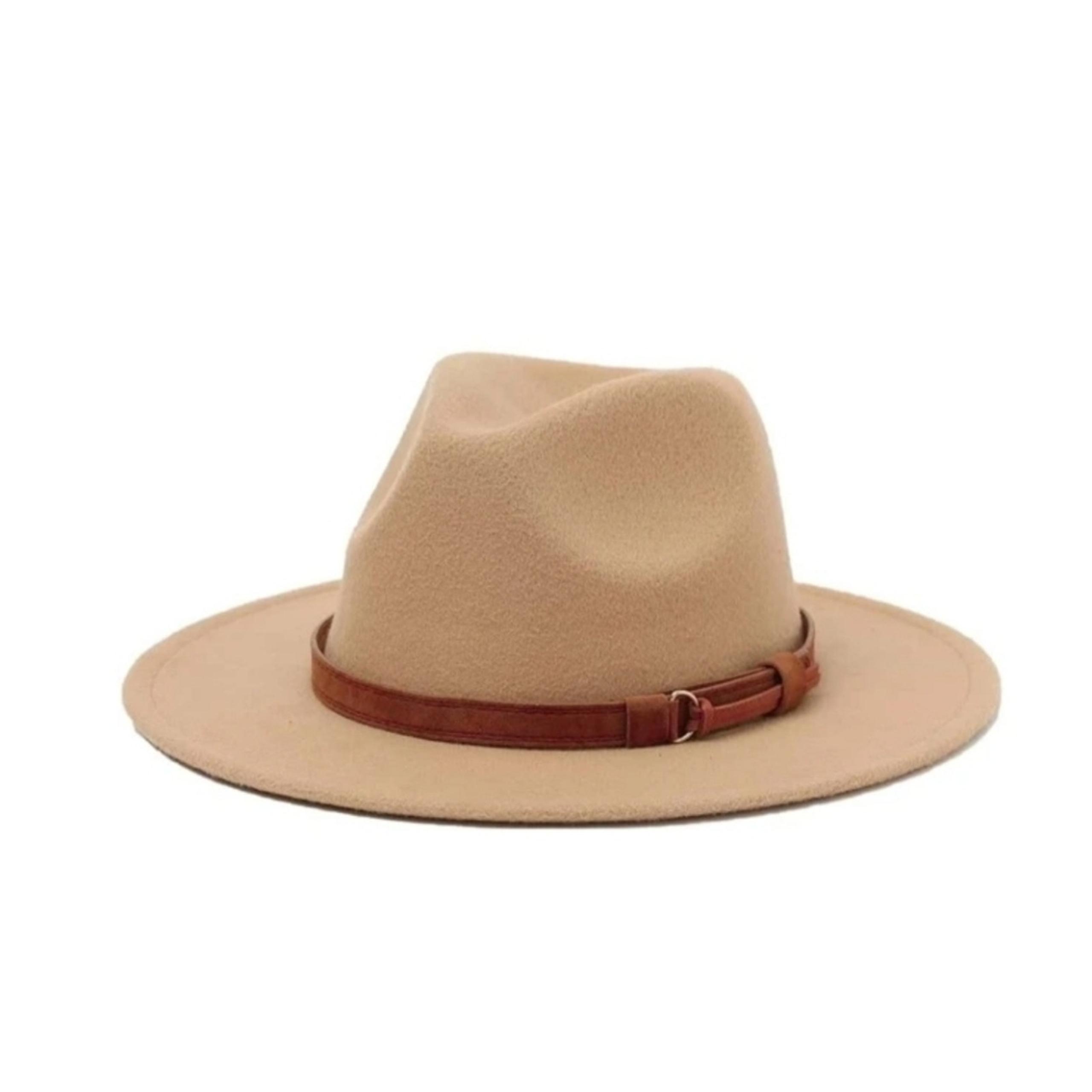 NWT  Fedora Hat Womens Tan Wide Brim Hat Faux Leather Buckle Trim