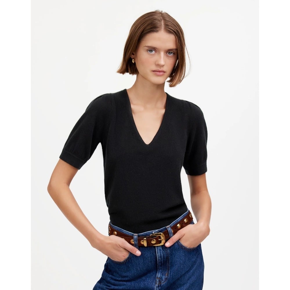 Madewell Cashmere V-Neck Puff Sleeve Sweater Top Black Soft Knit Size M