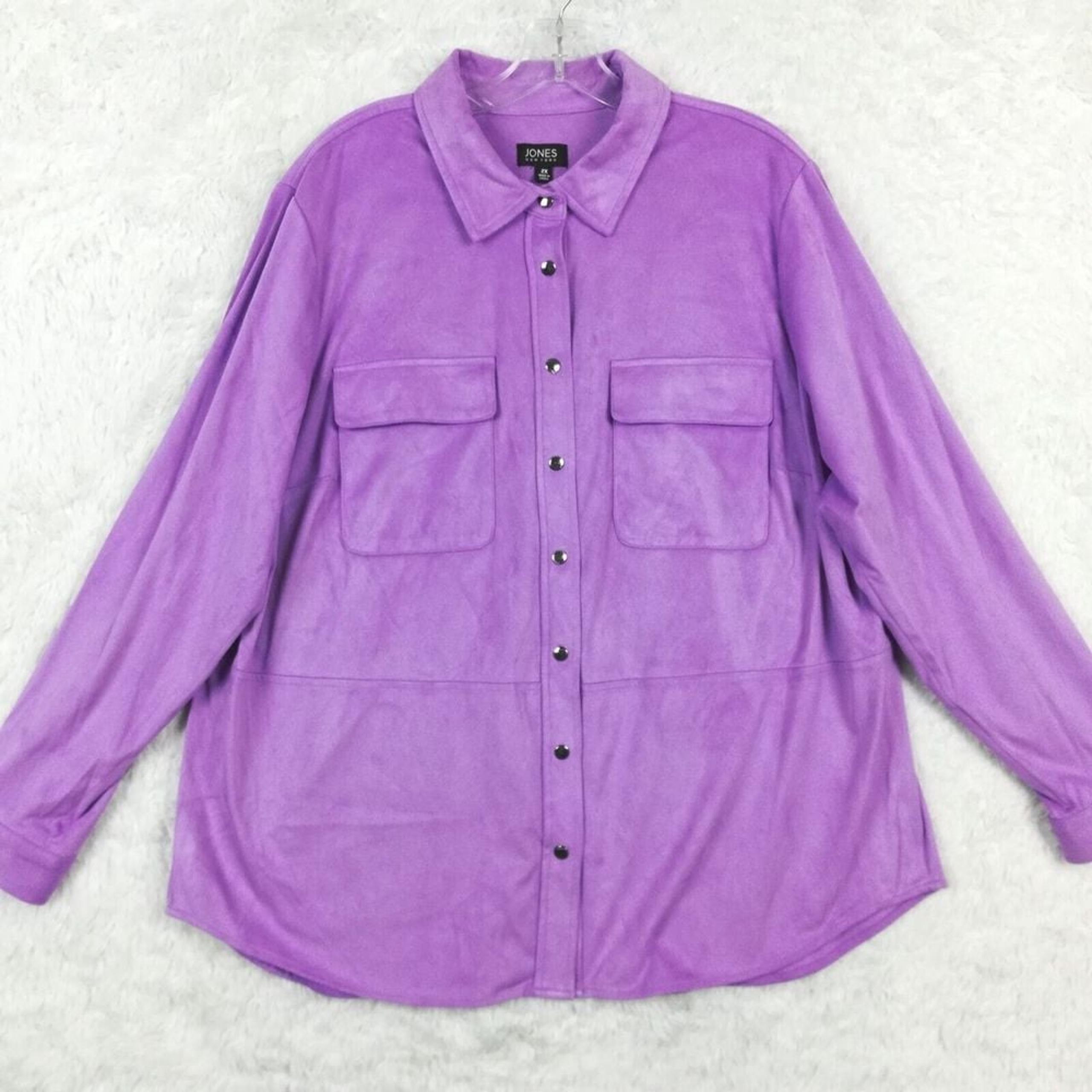 Jones New York Womens Shirt Button Up Snap Velour Lavender Purple Soft Plus 2X