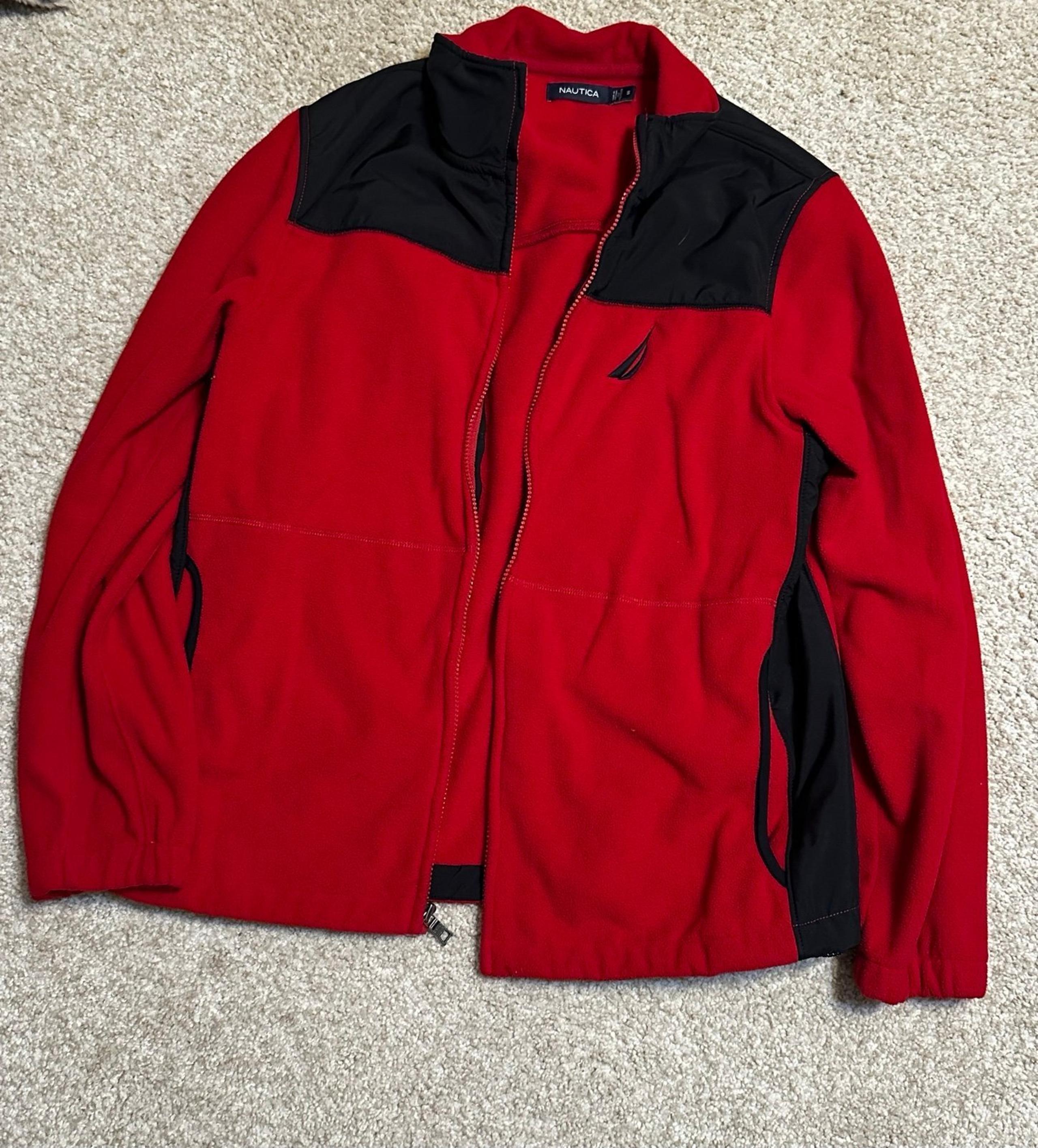 Nautica Mens Size S Red & Black Fleece Zip-Up Winter Fall Jacket w/ Pockets