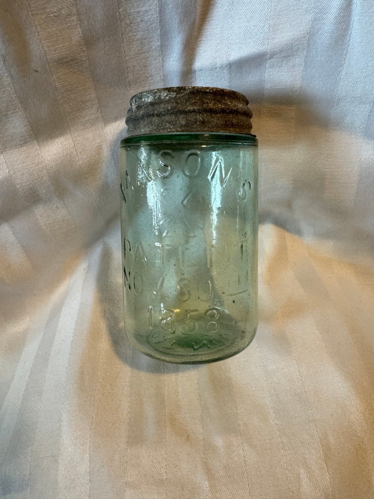Antique 1858, Mason's Pint Canning Jar, Zinc Lid with milk glass insert