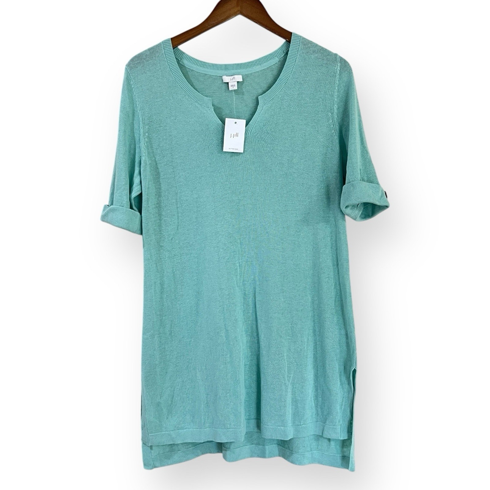 NWT J Jill Sweater Knit Tunic Womens S Linen Blend Split Neck Cuffed Half Sleeve