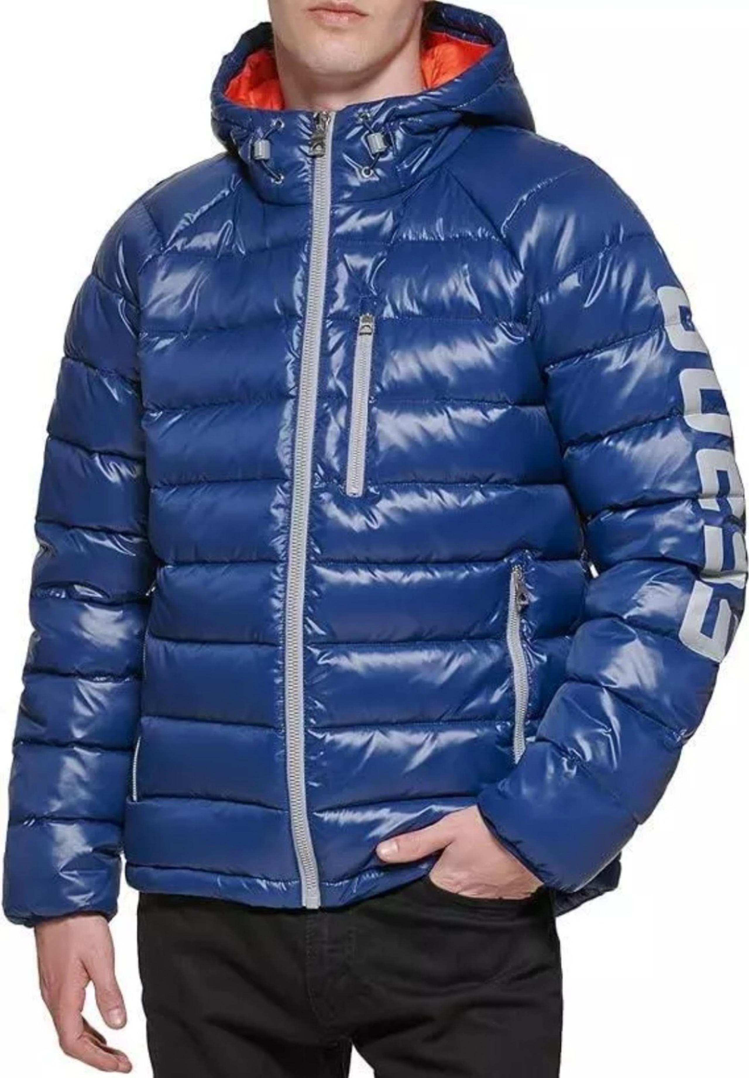 NWT Guess Mens Jacket Coat S Quilted Puffer Hooded Insulated Zip Front Navy Smal
