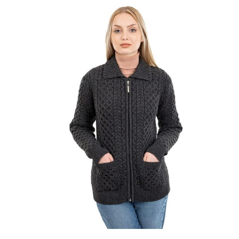Aran Crafts Ireland Cable Knit Fisherman Merino Wool Zip Cardigan green SZ L EUC