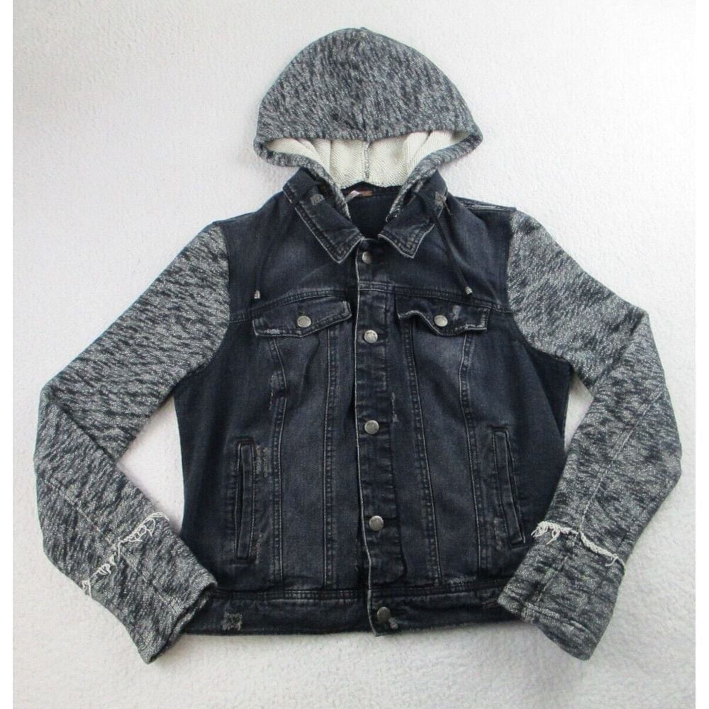Free People Denim Jacket Womens Large Hoodie Jeans Knit Distressed Sleeve Ladies