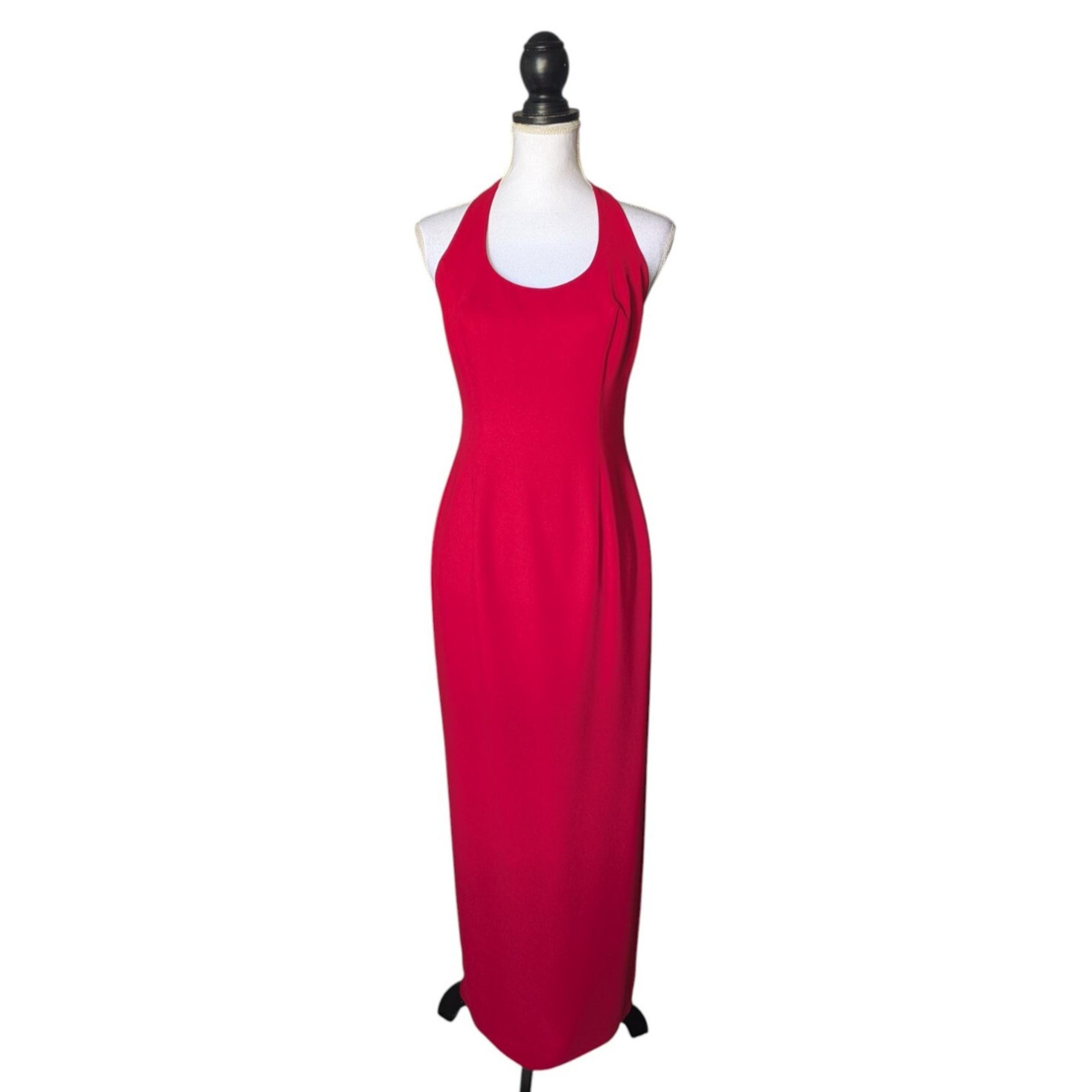 Vintage Cache Red Cutout Back Maxi Dress Size 4 Sexy Racerback Fitted Slit