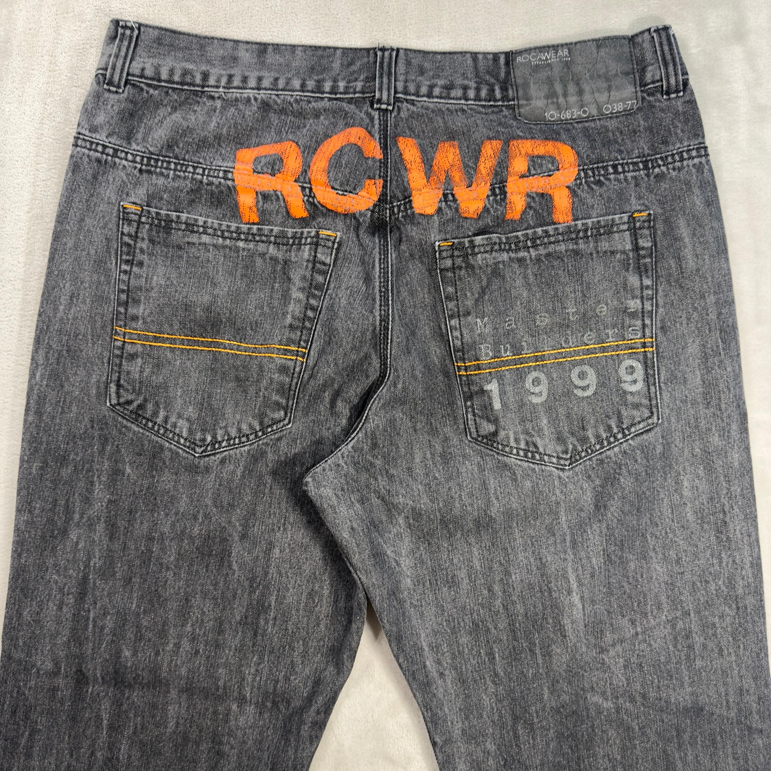 Y2K Rocawear Printed Jeans Baggy Washed Black Straight Fit Men's Sz 40 Hip Hop