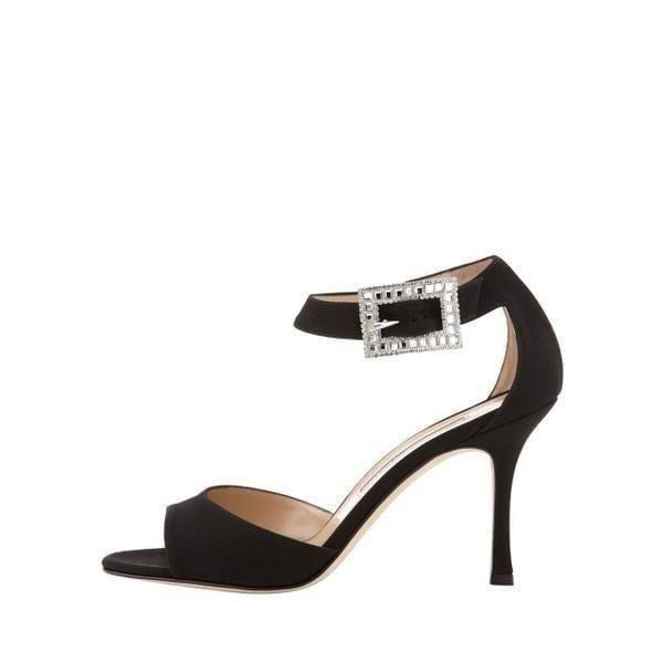 Manolo Blahnik Dribbin Crystal-Buckle Crepe Sandal Heels Black Size 40