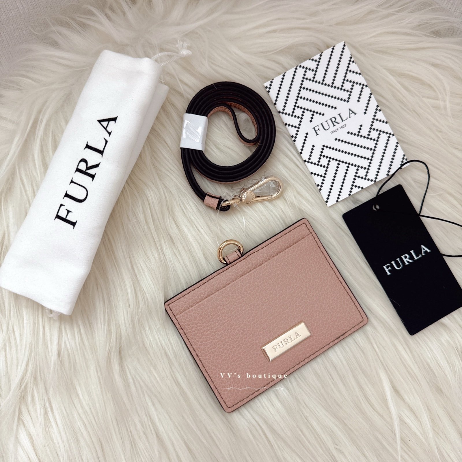 NWT Furla Classic Ritzy Leather ID Horizontal Lanyard Moonstone Pink 1018200
