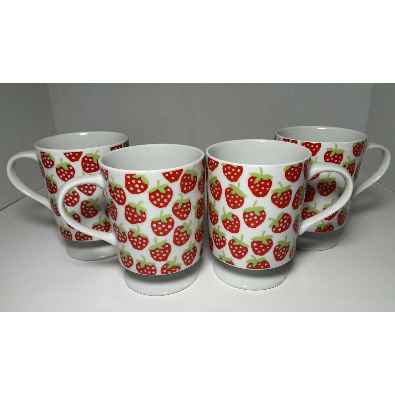 Vintage Set of 4 Strawberry 10 Oz Mug White Stoneware Handle Japan Sticker OMC