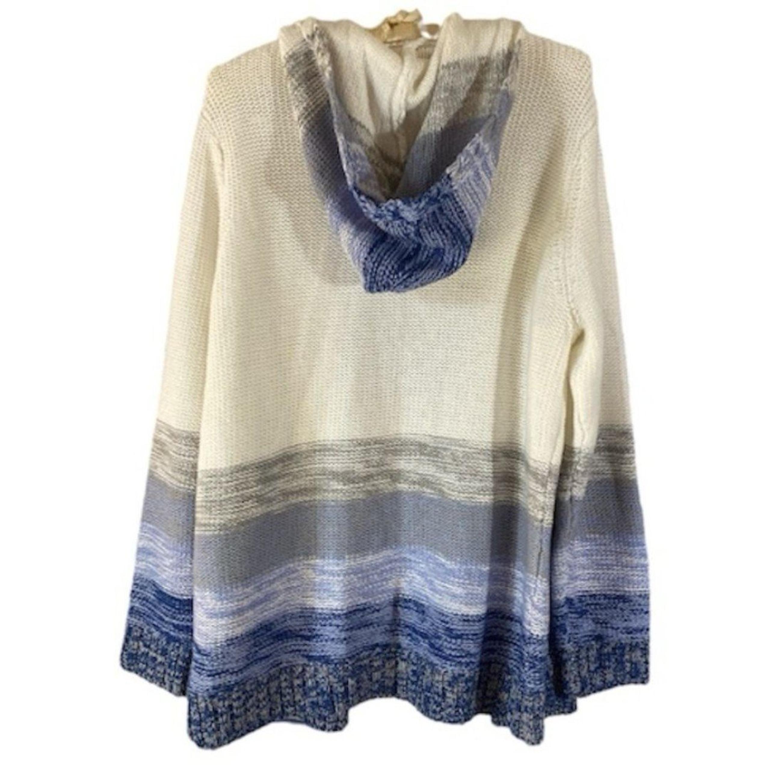 BLUE WHITE AND GRAY HOODED CARDIGAN WOMEN’S SIZE LARGE COTTON BLEND RETAIL $119