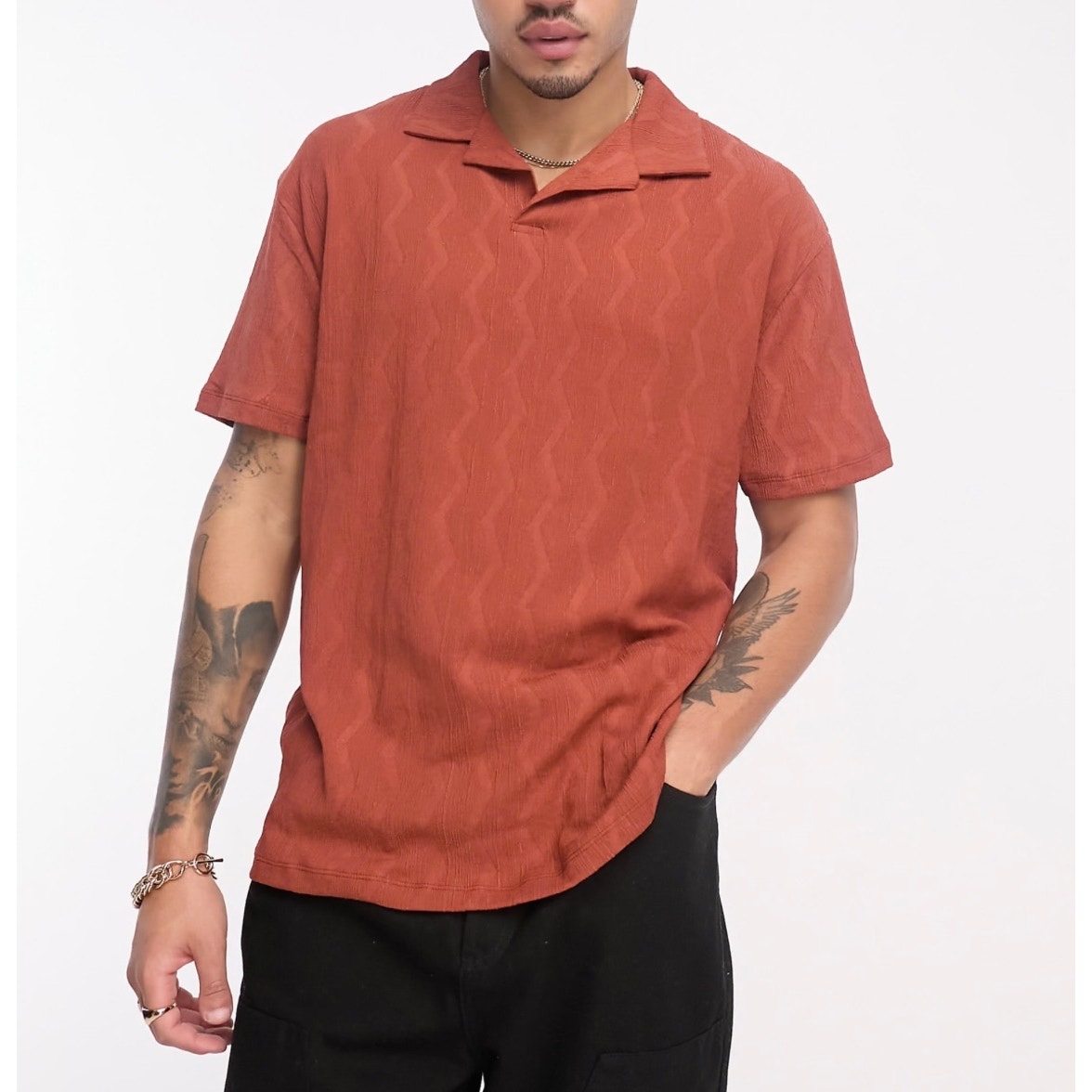 Asos Design Relaxed Polo Shirt Buttonless Knit Textured Terracotta Size Large