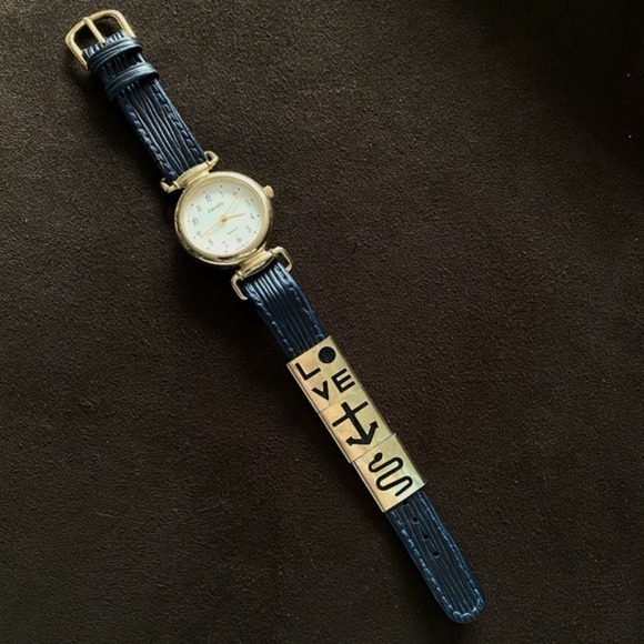 NEW VINTAGE 60's Hippie Chic Boho Watch Polished Gold Leather Indigo Blue Jeans