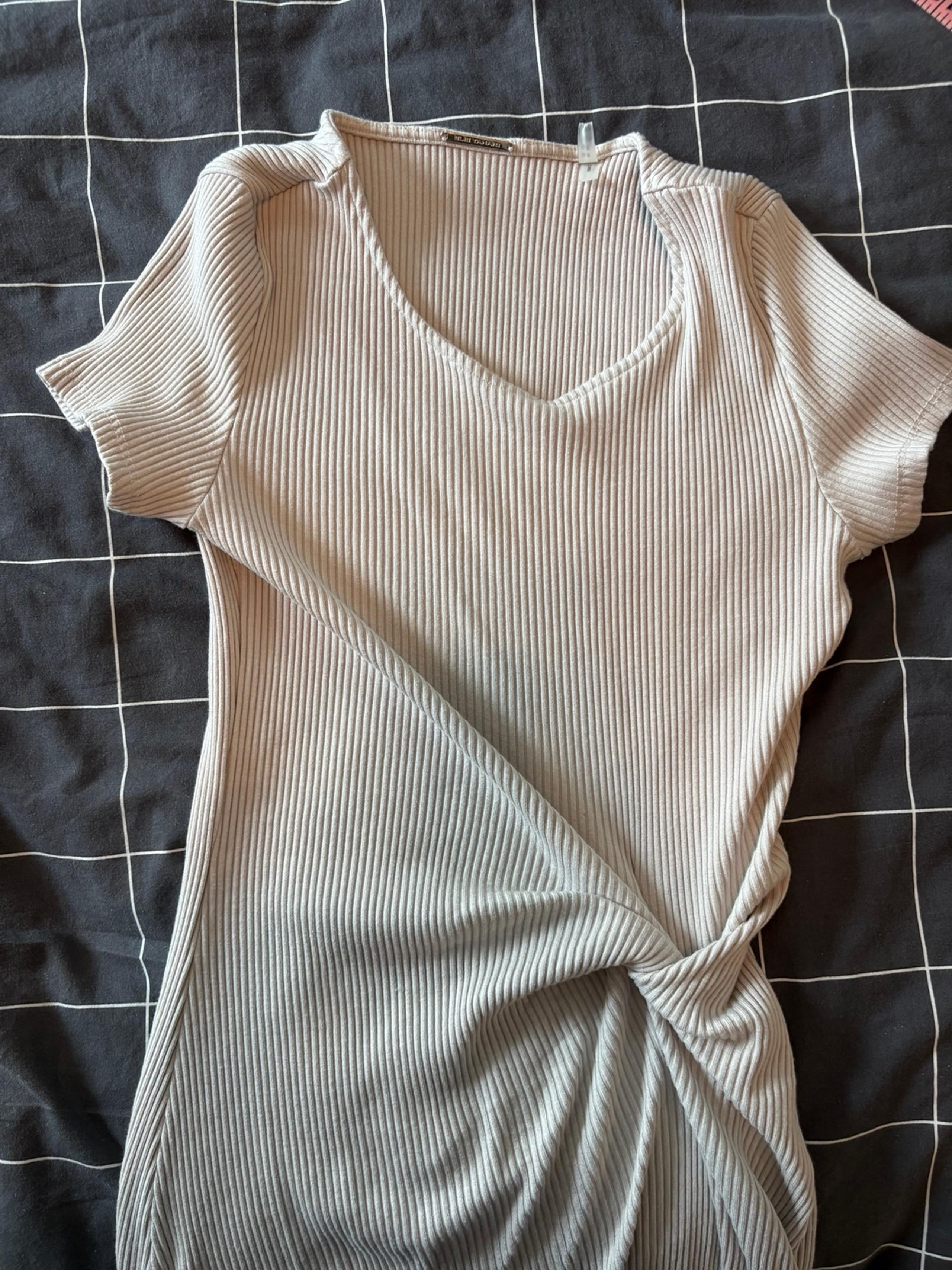 Elie Tahari Womens Dress Medium Beige Twist Knot Ribbed Knit Short Sleeve Midi