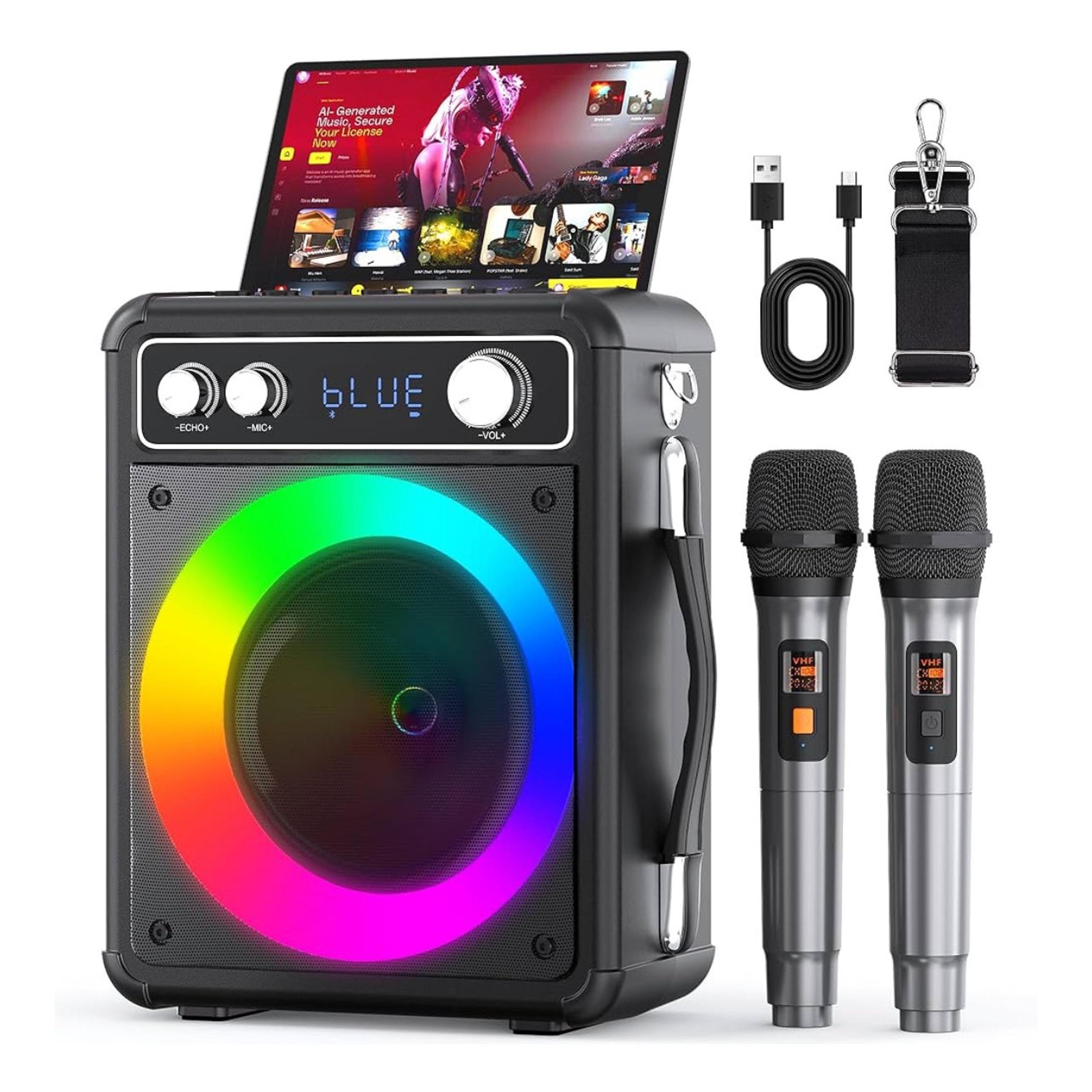NEW Karaoke Machine Portable Bluetooth Speaker PA  2 Wireless Mics LED Lights