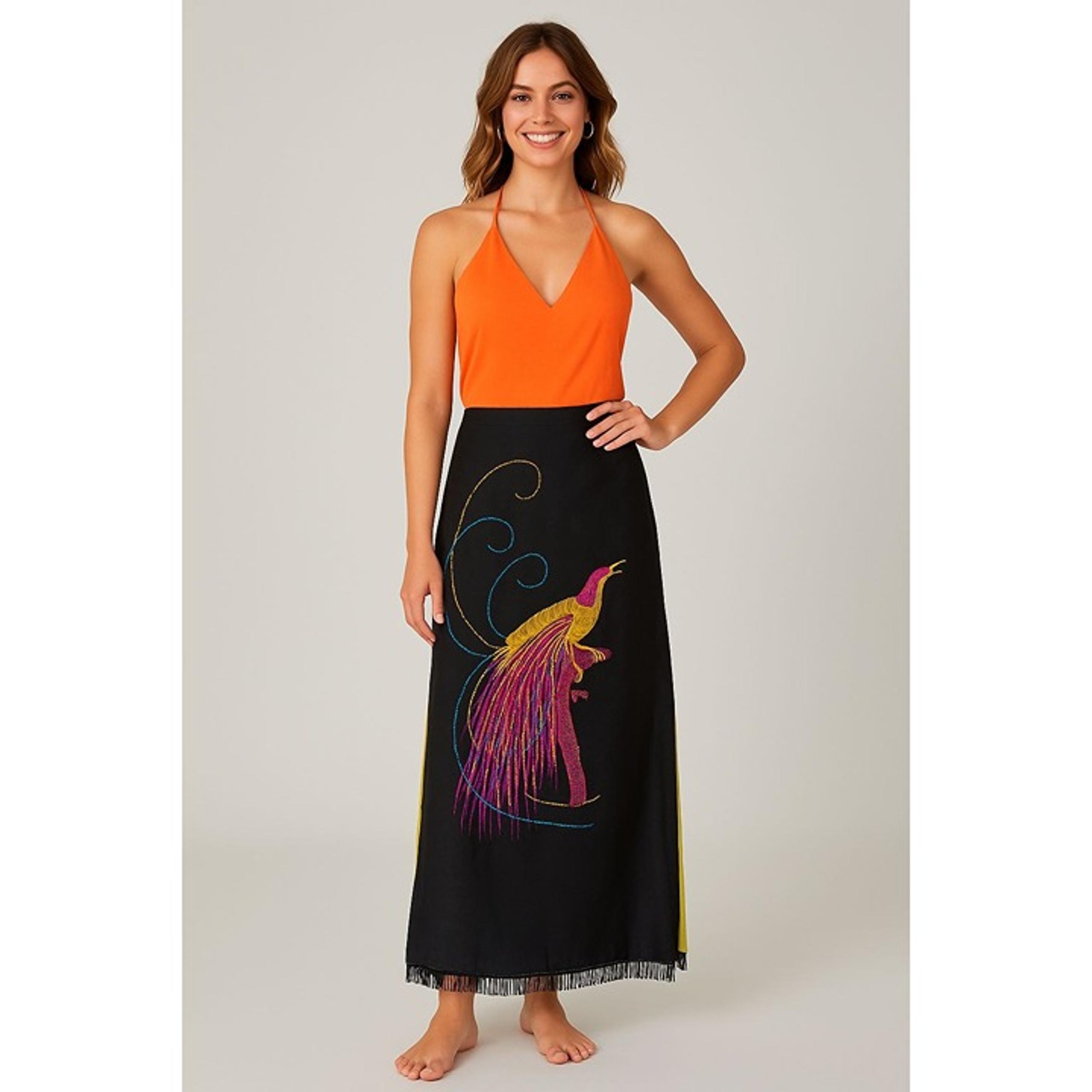 Nordstrom CLIO Vintage Y2K Blk Silk Skirt w/Embroidered Bird & Hand-Beaded Hem