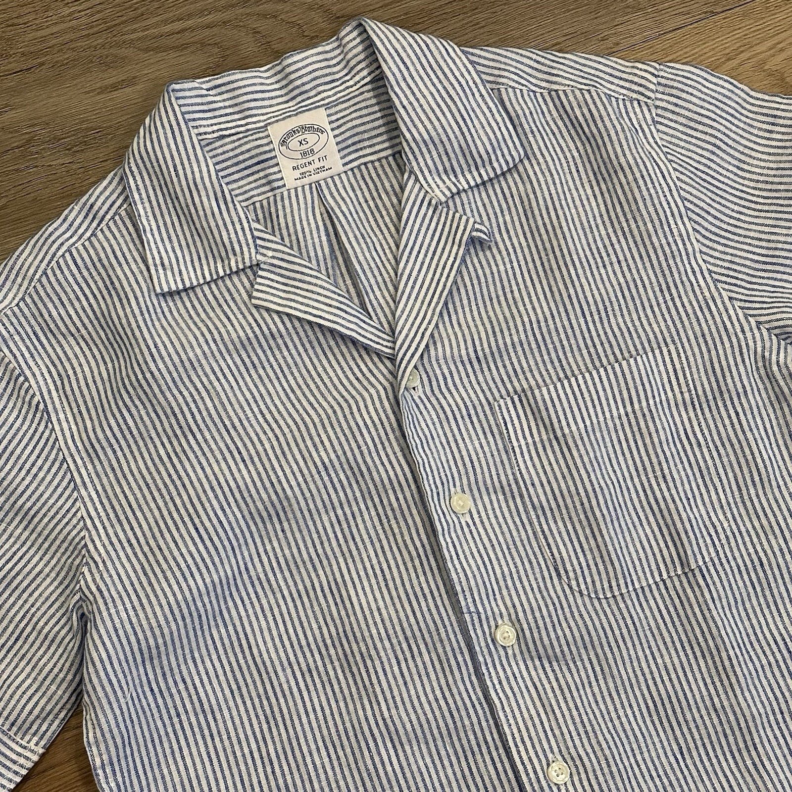 Brooks Brothers Regent Fit 100% Linen Shirt Mens XS Blue Pinstripe Button Up NWT