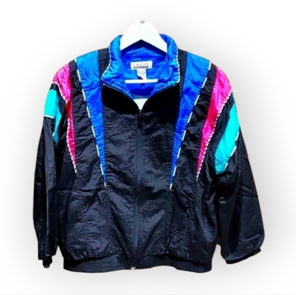 Vintage 80's colorblock Lavon windbreaker XL track jacket black blue pink