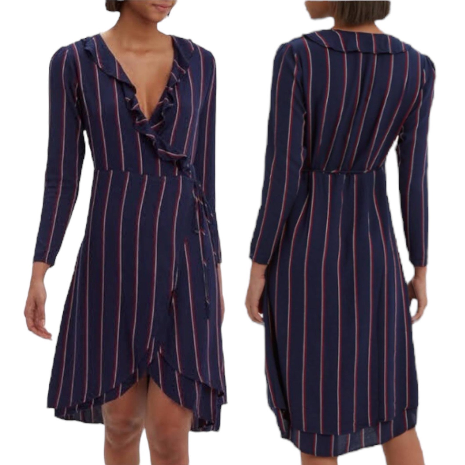 NEW Rails Priya Striped Ruffle Wrap Dress Knee Length Navy Red Size XS