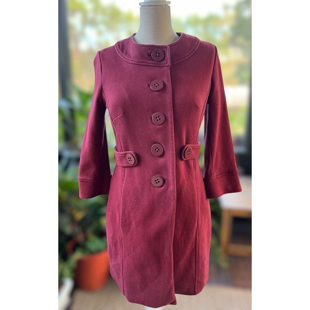 Banana Republic 60's Inspired Cotton Peacoat 3/4 Sleeve Button Maroon Red Medium
