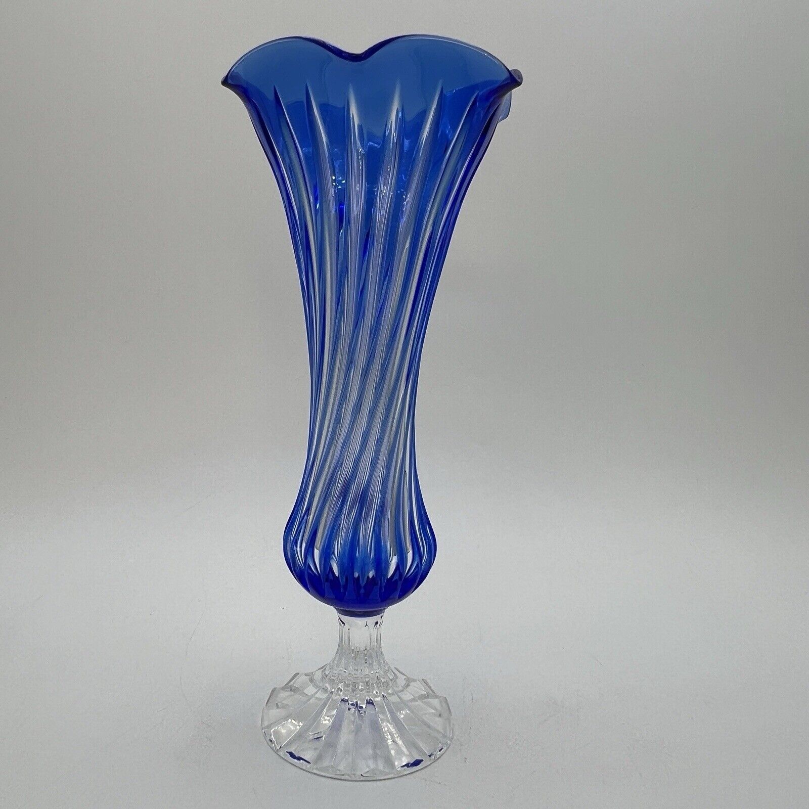 Cobalt Blue Cut to Clear Glass Vase France Ruffled Cristal d'Arques 9 Swirl