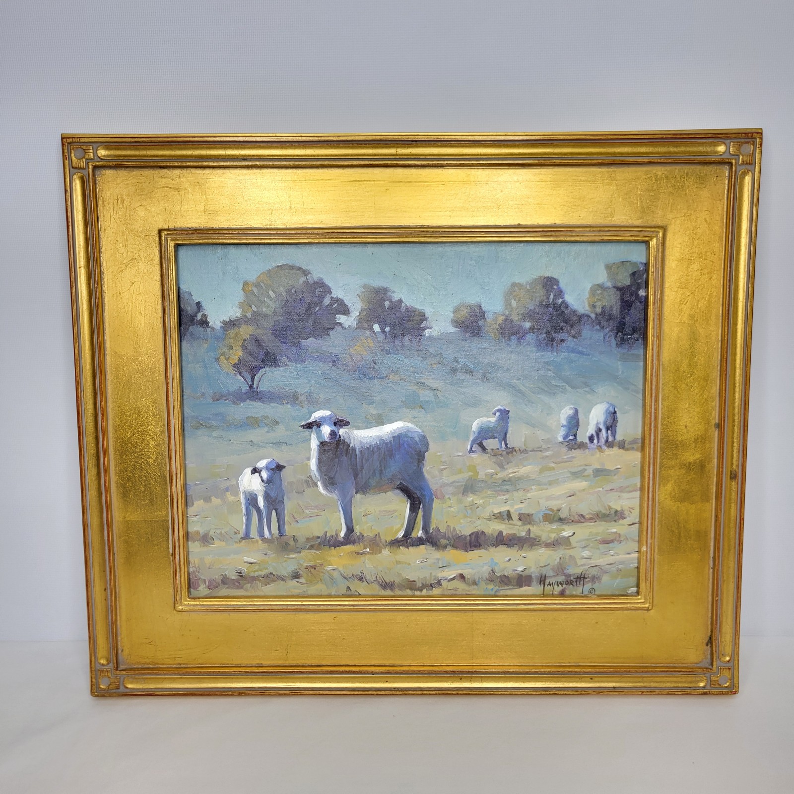 Larry Hawyworth Scenic Landscape Sheep Oil Painting on Linen Board Gold Framed