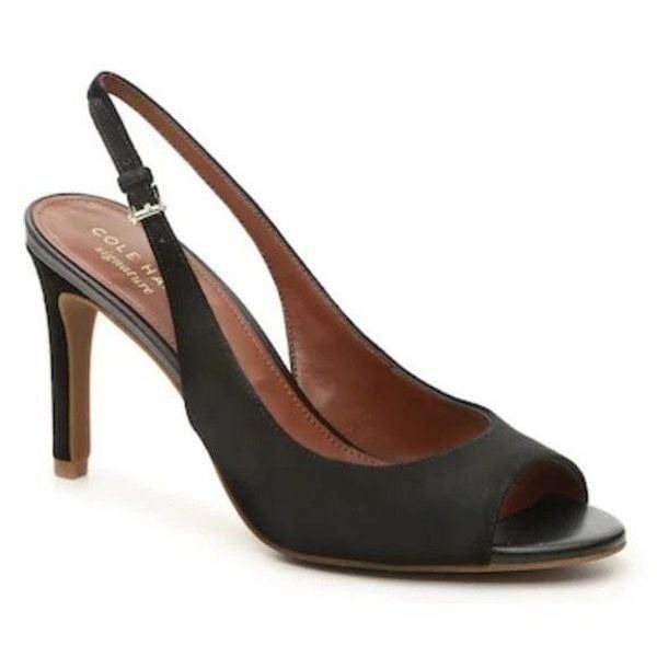 Cole Haan Women's Black Faux Suede Maya Peep Toe Slingback Pump Heels Size 6.5