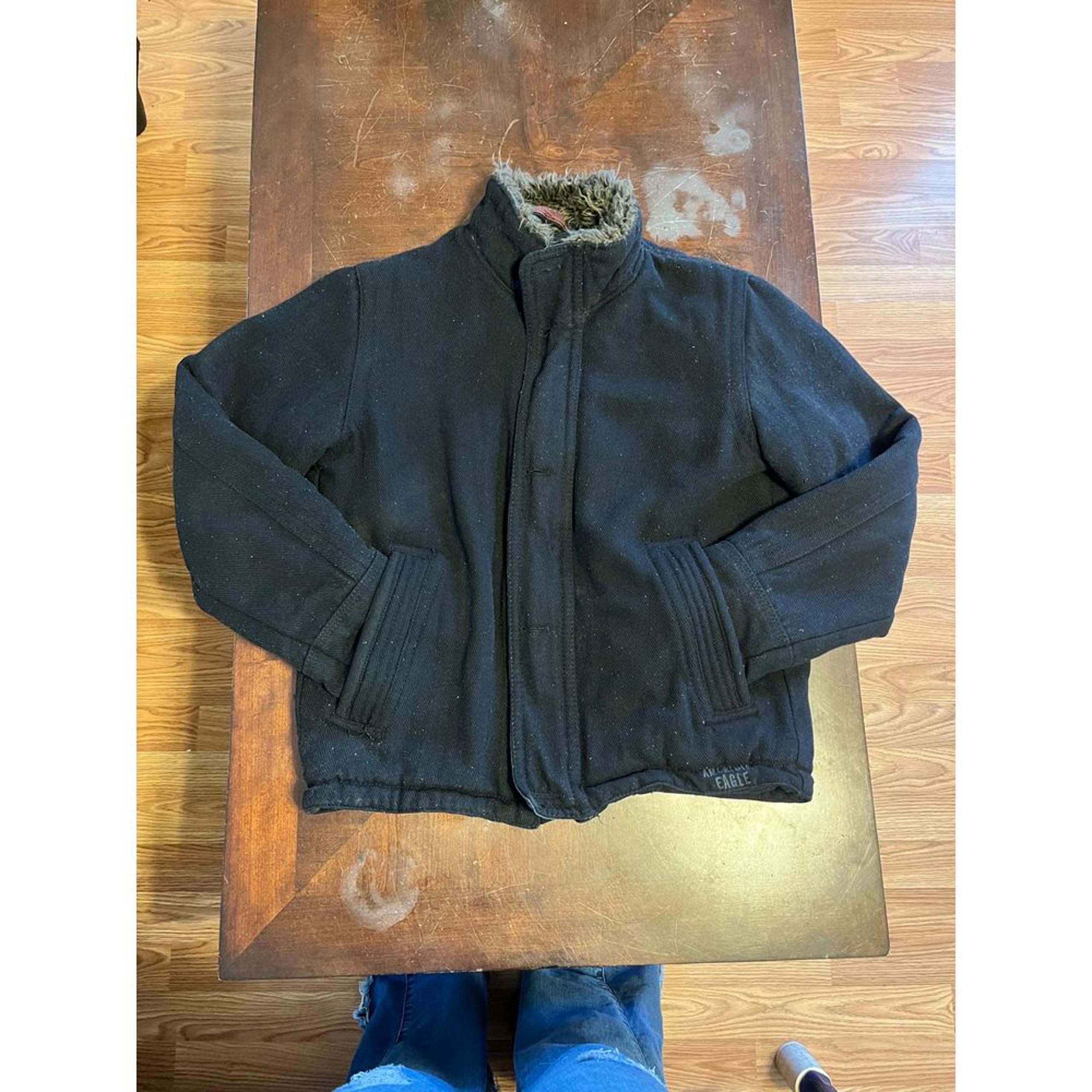 American Eagle Mens Med Coat Jacket Canvas Full Zip Distressed Faux Fur Lined