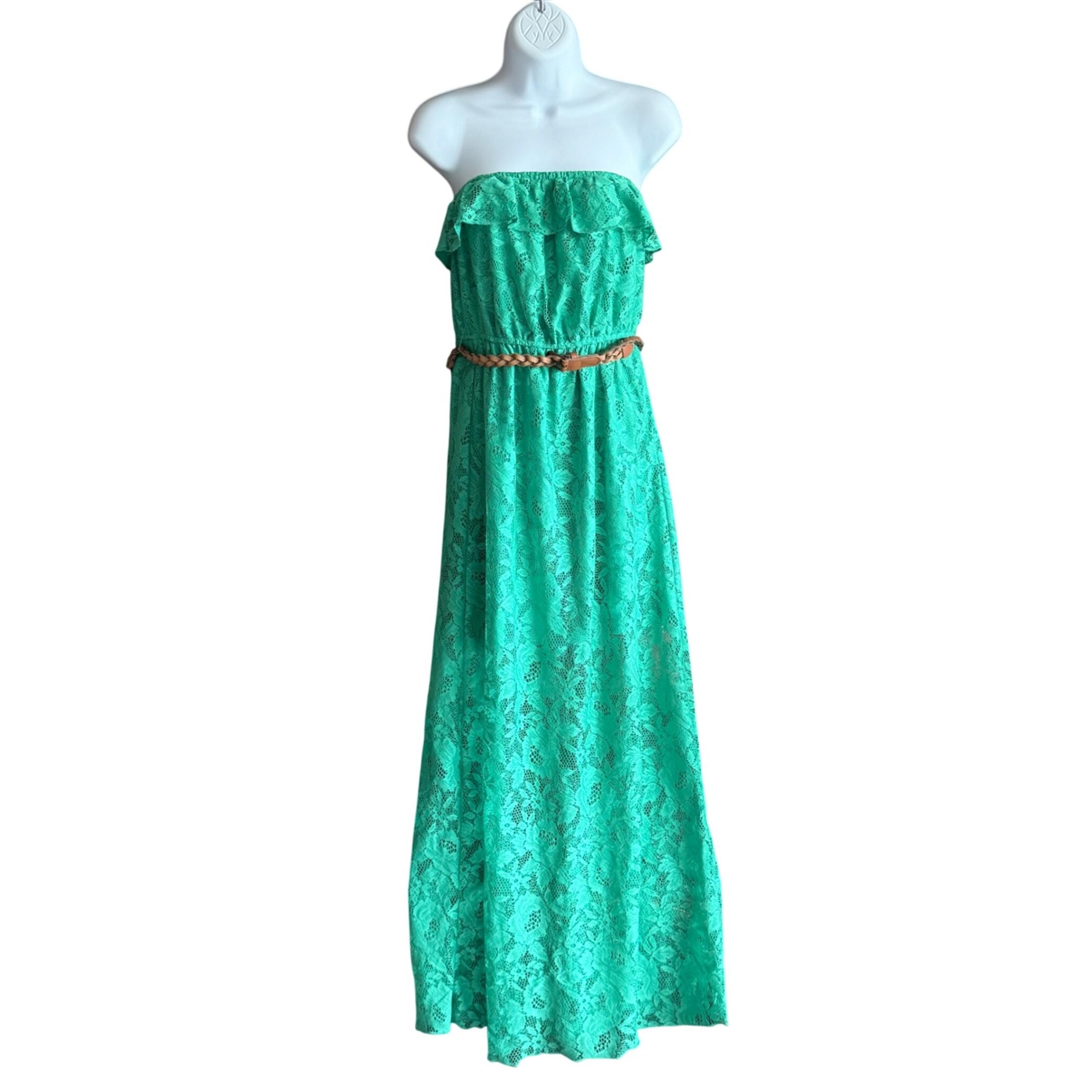 Trixxi Maxi Dress Strapless Tube Top Kelly Green Lace Ruffles Belted Junior Sz M