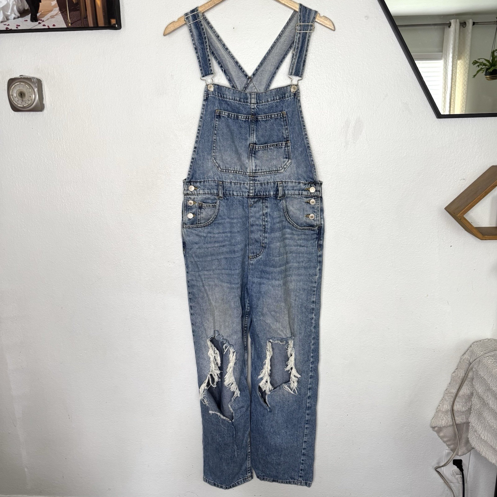 We The Free People Ziggy Denim Overalls Womens Medium Distressed Boho Festival