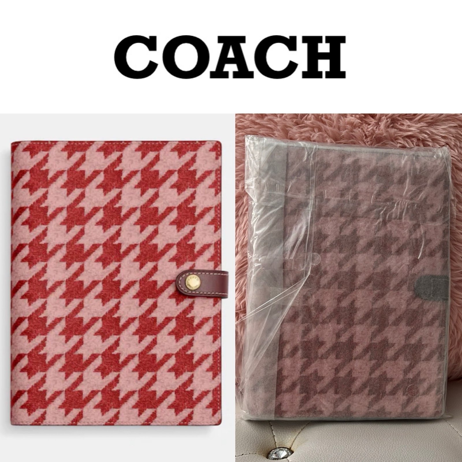 NEW Coach Pink Red Houndstooth Printed Canvas Smooth Leather Notebook