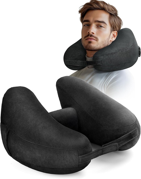 Inflatable Travel Pillow Neck Pillow Supports Head, Neck, and Chin- Black