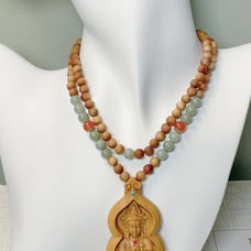 Designed Natural Sandalwood&Hetian Jade Beads Necklace w/ Guanyin Pendant