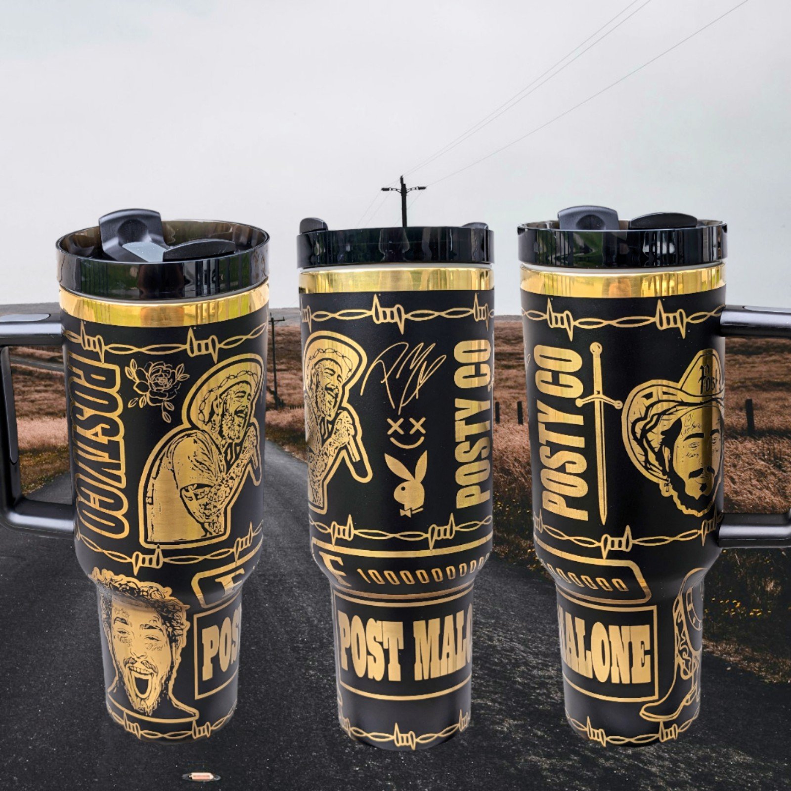 Post Malone country themed 40oz tumbler with handle Black and Gold