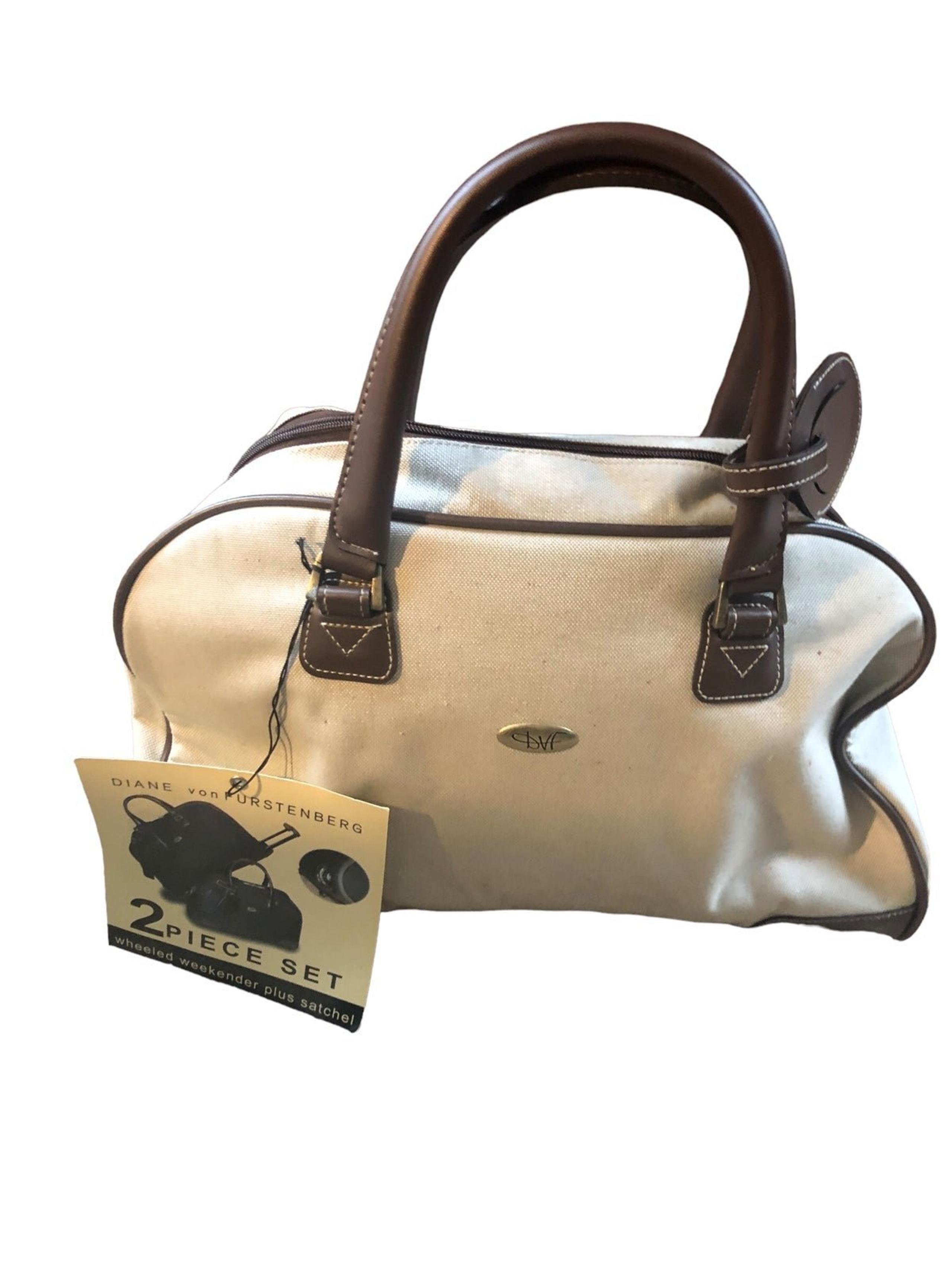 Diane Von Furstenberg Canvas Leather Satchel Overnite Travel Bag Logo Lock Key