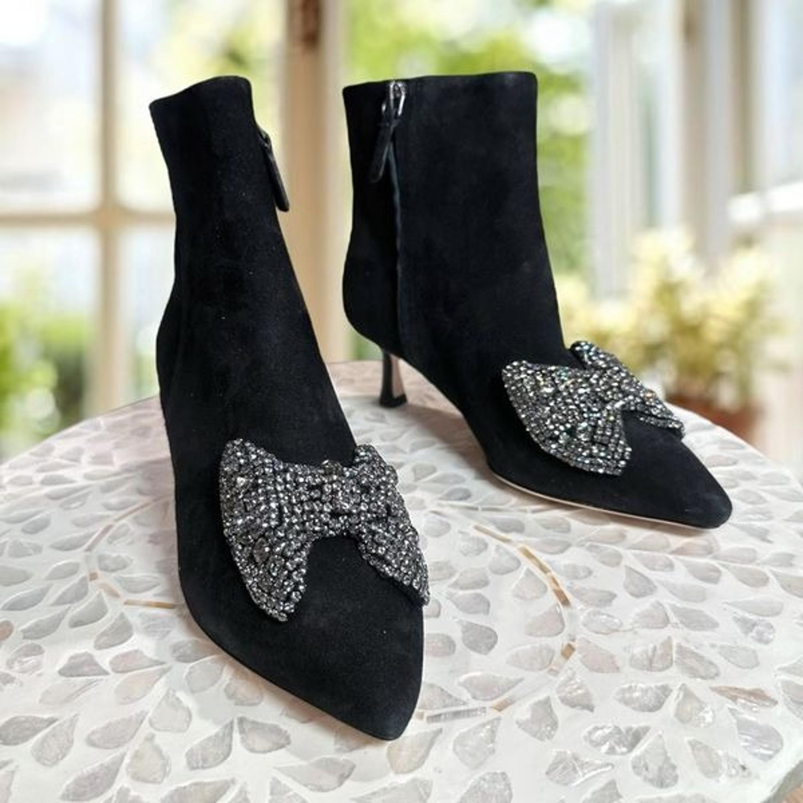 Tory Burch $498 Embellished Crystal Bow Leather Suede Ankle Booties Boots Shoes
